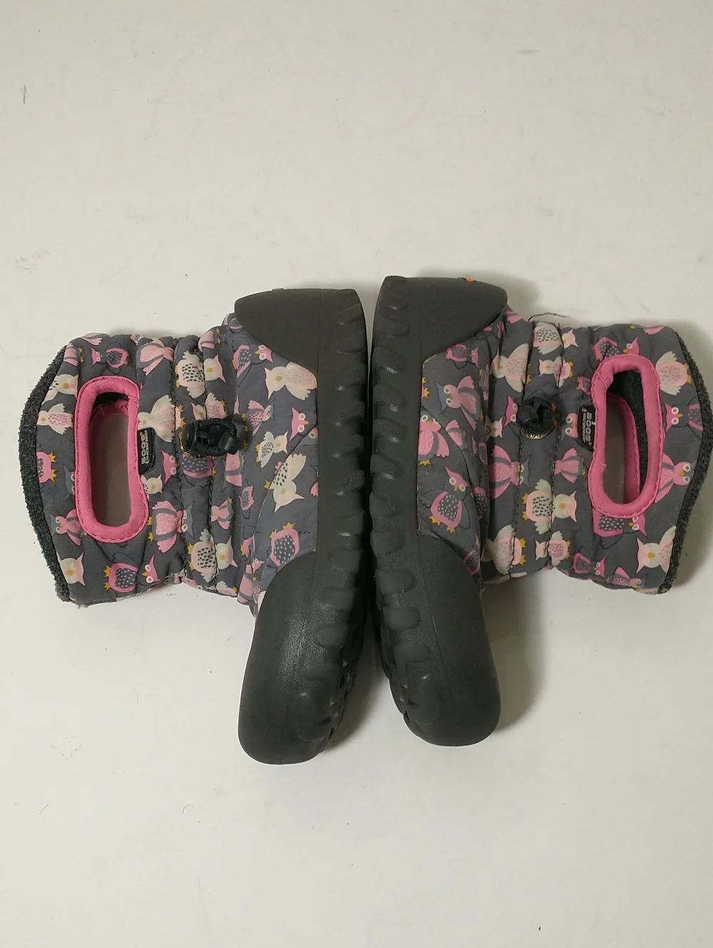 Bogs Winter Snow Boots, Owls, Pink / Gray, Size 13, Rated -4 F, Adjustable Cord